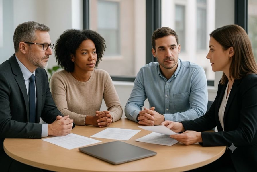 Couples reviewing a settlement agreement with collaborative divorce lawyers near me in a private meeting