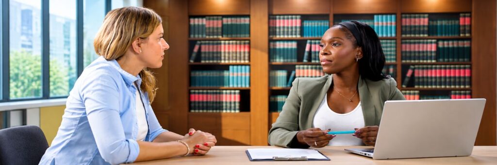 A divorce lawyer in Kansas discussing divorce proceedings and legal options with a client