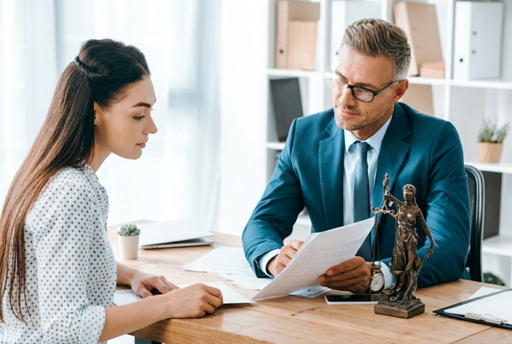 A divorce lawyer in Kansas explaining settlement options during a client consultation