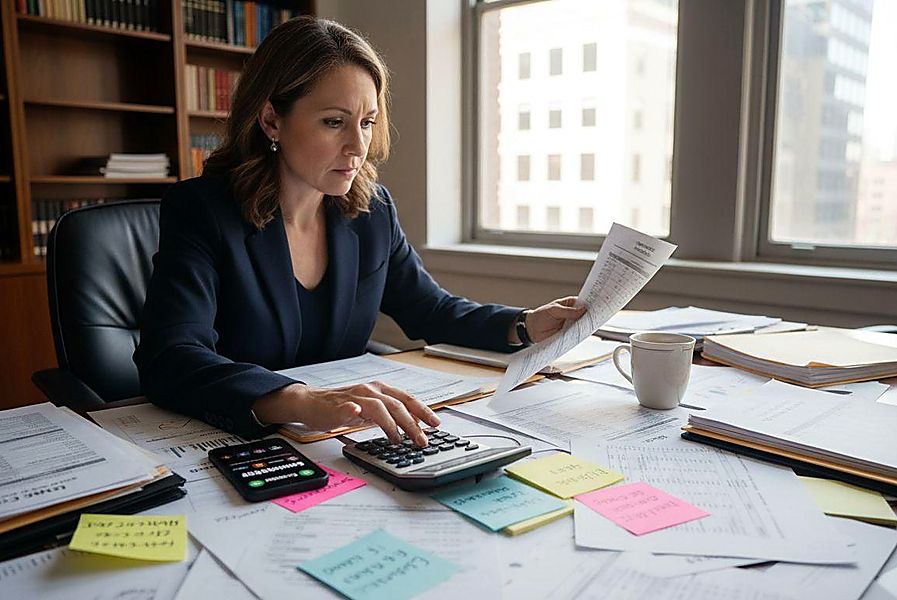 A divorce lawyer in Kansas reviewing financial documents for a property settlement